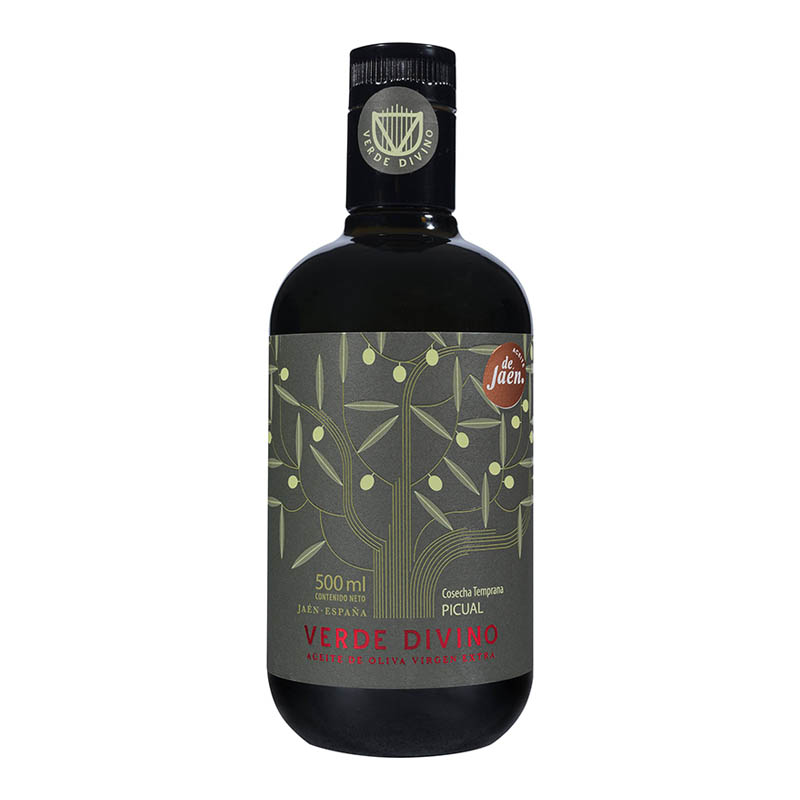 Aceite de Oliva Virgen Extra Picual Cosecha Temprana, Verde Divino Aceite de Oliva Virgen Extra de variedad Picual, de Jaén, la región con la mayor extensión de olivos del mundo. De recolección temprana que le da un sabor único y un color verde esmeralda espectacular. Una auténtica joya culinaria.
